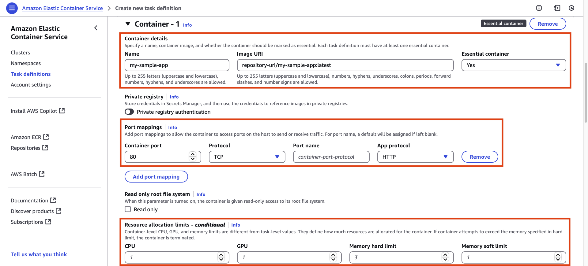 ecs task container definition